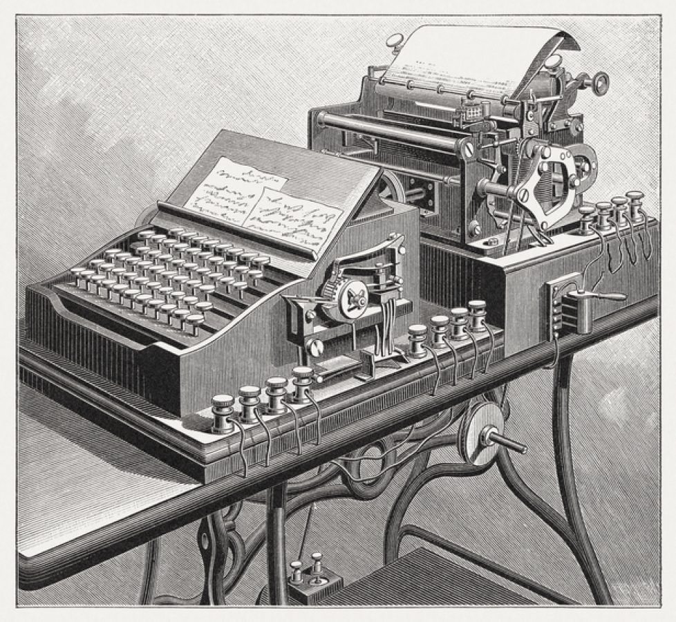 Combination of typewriter and telegraph, wood engraving, published in 1895